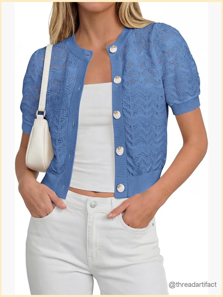 Crochet Puff Sleeve Cardigan Lightweight Spring Cropped Button Up Sweater Tops